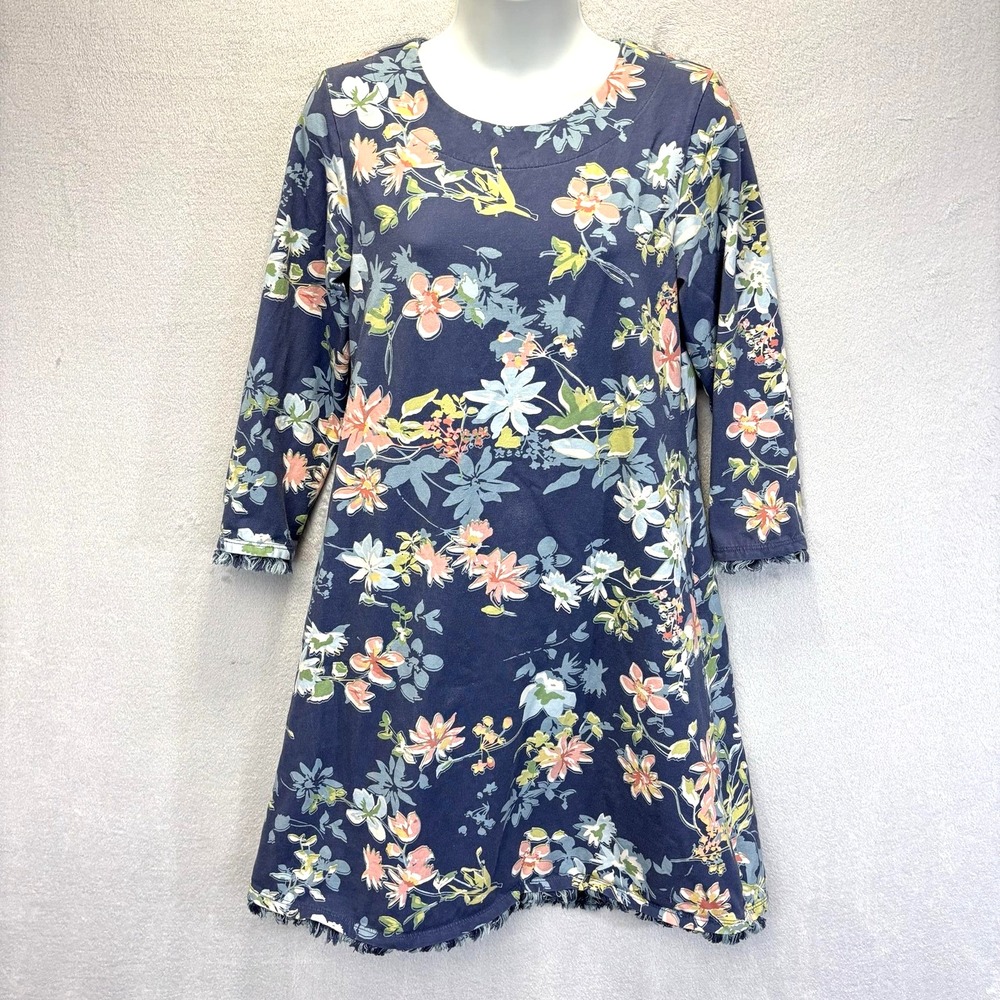 Spartina 449 Floral Fringe Shift Dress Peru Womens Small Blue Stretch Jersey